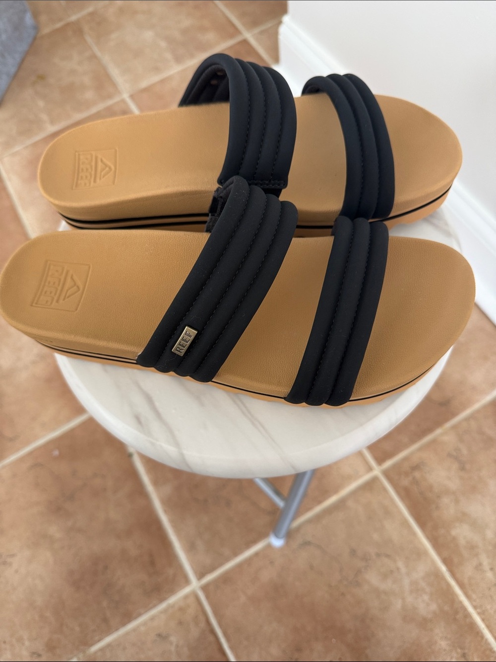 Reef Black Double-Strap Slide Sandals with Tan Footbed